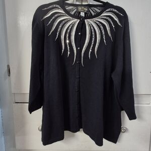 Bob Mackie Wearable Art Knit Cardigan Sweater Black Embellished Sequins Size 2XL
